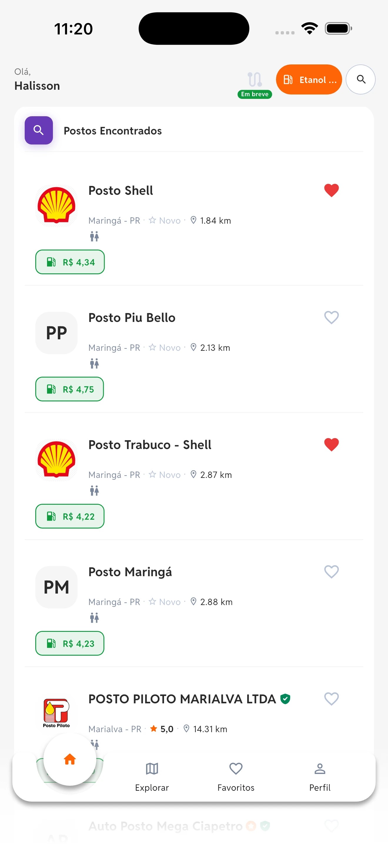 Veja postos na sua rota