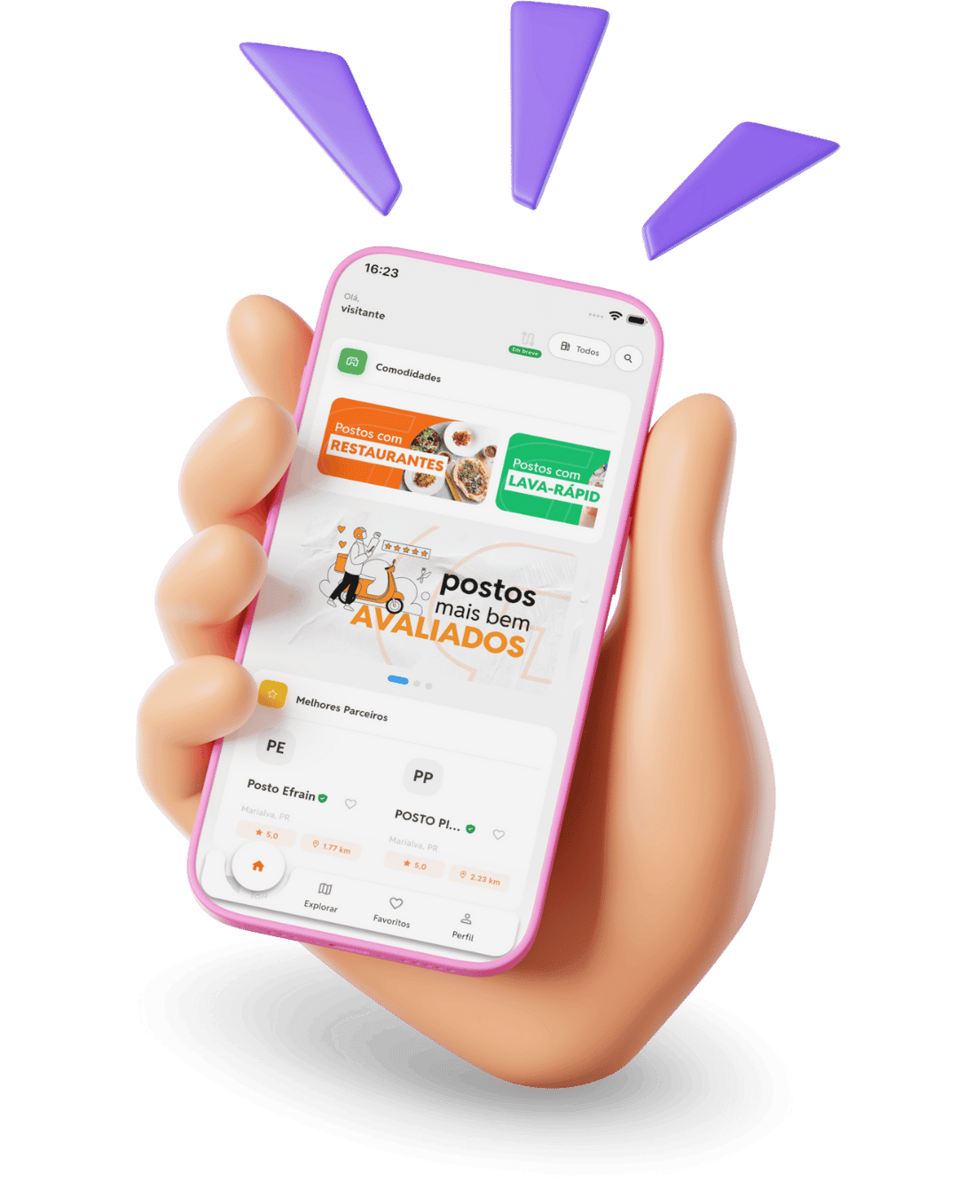 Mockup do aplicativo Guia de Postos mostrando pesquisa por combustível